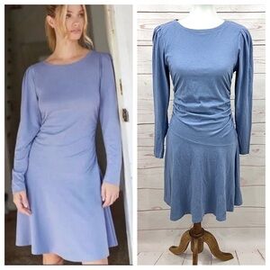 Daily Practice Anthropologie Periwinkle Asymmetrical Ruched Puffy Sleeve Dress